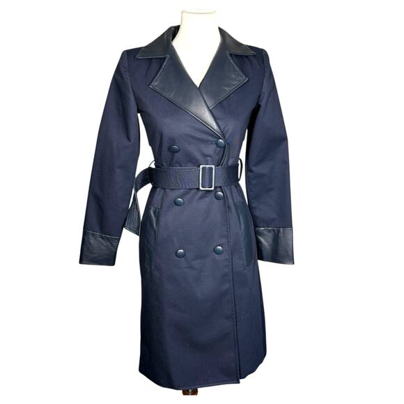 Misha Nonoo Navy Royal Lambskin Leather Trench Coat Size 0 - Picture 12 of 15